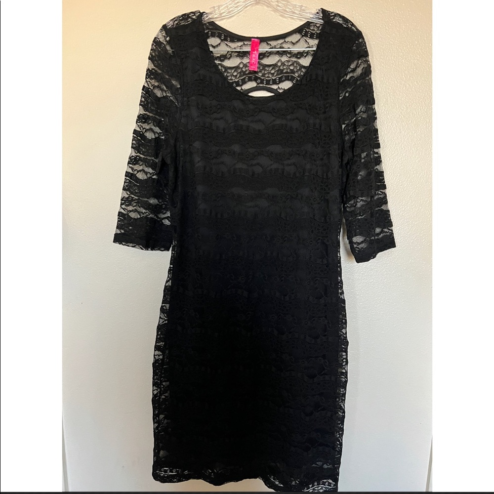 Black lace dress, stretchy material.